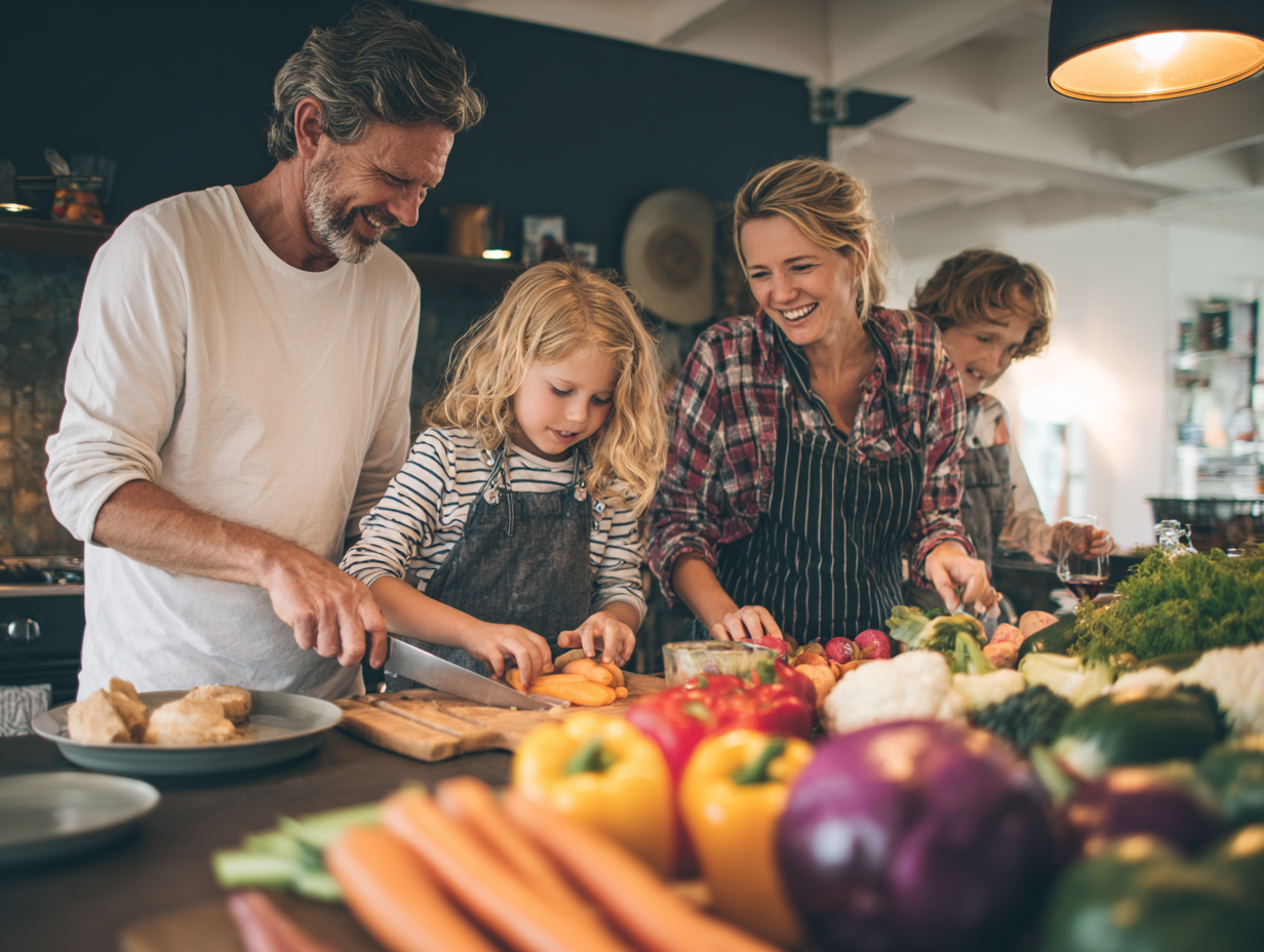 Friss zöldségek és gyümölcsök színes tálakban